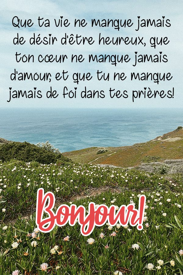 Message Bonjour : Que ta vie ne manque jamais de désir d'être heureux, que ton cœur ne manque jamais d'amour, et que tu ne manque jamais de foi dans tes prières!
